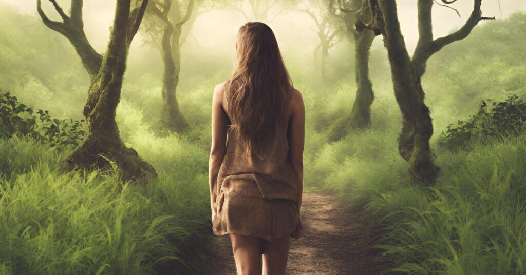 Lady walking through the woods to connect with nature