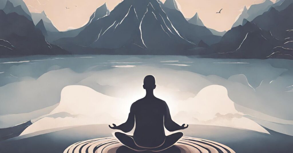 Man Performing Mindfulness Meditation On The Lake Between Mountains